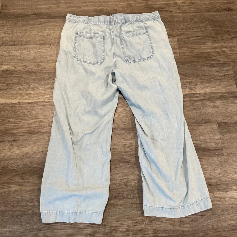Gap Womens XL Light Wash Chambray Wide Leg Drawstring Pintuck Pants Slit Hem